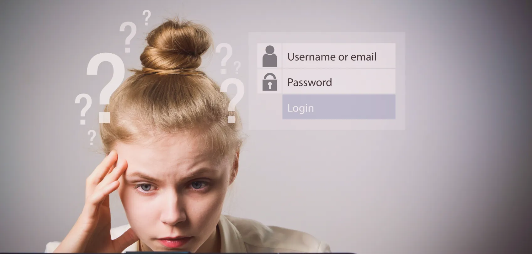 Confused woman in front of a login screen with multiple question marks, symbolizing the difficulty of remembering passwords.